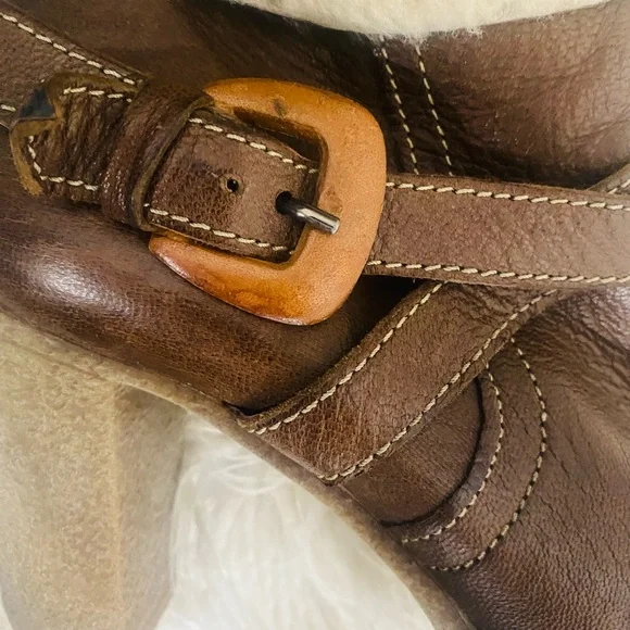 Women’s Manas Brown Leather Fleece Lined Fur Cuff Ankle Boots Studs Block Heel - Picture 3 of 11